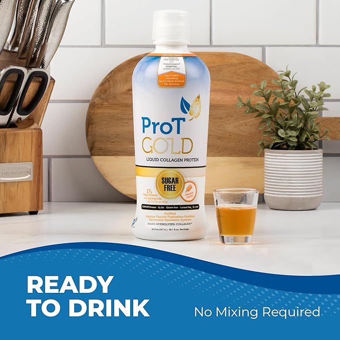 ProT Gold Liquid Collagen Protein Shot, 17g Clear Protein Nano-Hydrolyzed Grass Fed Collagen, 2g Arginine for Wound Support, Gluten Free, Sugar Free, 0g Carbs, Non GMO, Orange Creme, 30 fl oz Bottle