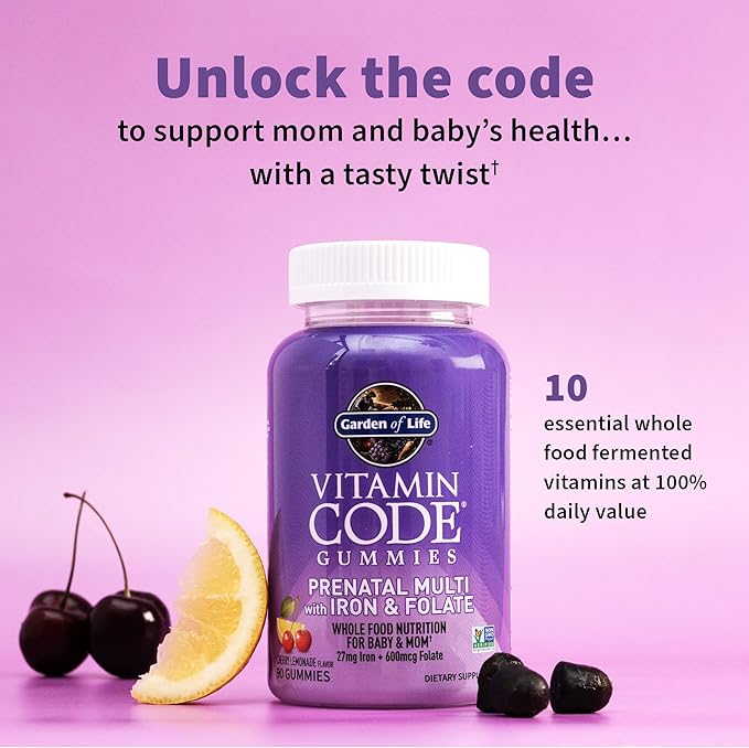 Essential Prenatal Gummy Vitamins for Women with Iron: Folate, Biotin, D3 & B12 + Probiotics for Digestion, Vitamin Code Multivitamin, Non-GMO, Gluten-Free, 90 Cherry Lemonade Gummies, 30 Day Supply