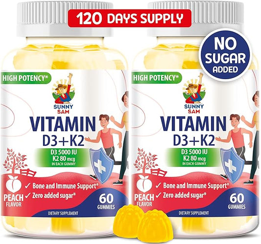 Sugar-Free Vitamin D3 K2 Gummies 5000 IU - Immune & Bone Support Gummies - Vitamin D Gummy Supplement for Adults - High-Absorption, Vegan, Halal, Gluten-Free Chewable Vitamins