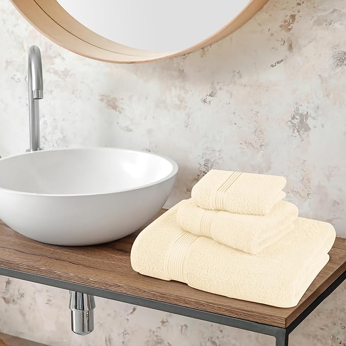 Belizzi Home Ultra Soft 3 Pack Cotton Towel Set, Contains a Bath Towel 28x55 inch, a Hand Towel 16x24 inch & a Wash Coth 12x12 inch, Ideal Everyday use, Compact & Lightweight - Ivory