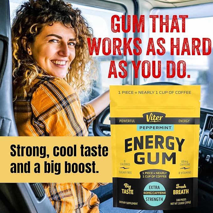 Viter Energy 60mg Caffeine Gum (Peppermint Flavor, 180 Pieces) - Sugar Free, Vitamin B3, B6, B9, B12, Zero Calories, Caffeinated Energy Chews, Nootropic Focus Supplement for Men & Women