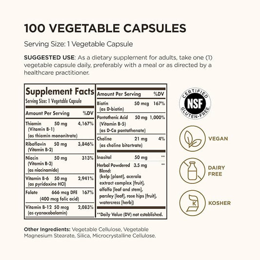 Solgar B-Complex “50”, 100 Vegetable Capsules - Energy Metabolism, Cardiovascular Support, Nervous System Support - Non-GMO, Vegan, Gluten Free, Dairy Free, Kosher - 100 Servings