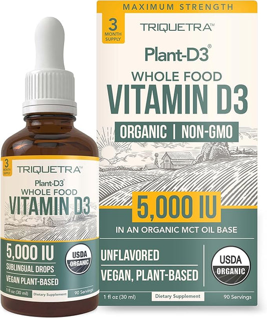 Plant-D3 Organic Vitamin D3 5000 IU - Vegan, Max Strength Sublingual Liquid D3 Drops - 200% Higher Absorption - 100% Plant-Based Cholecalciferol Form - Adjustable Dosing for All Ages (1oz Liquid)