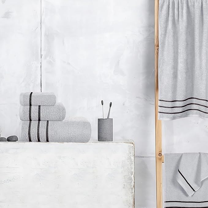 MyOwn Ultra Soft 6 Pack Cotton Towel Set, Contains 2 Bath Towels 28x55 inch, 2 Hand Towels 16x24 inch & 2 Wash Coths 12x12 inch, Ideal Everyday use, Compact & Lightweight - Light Grey, 71642