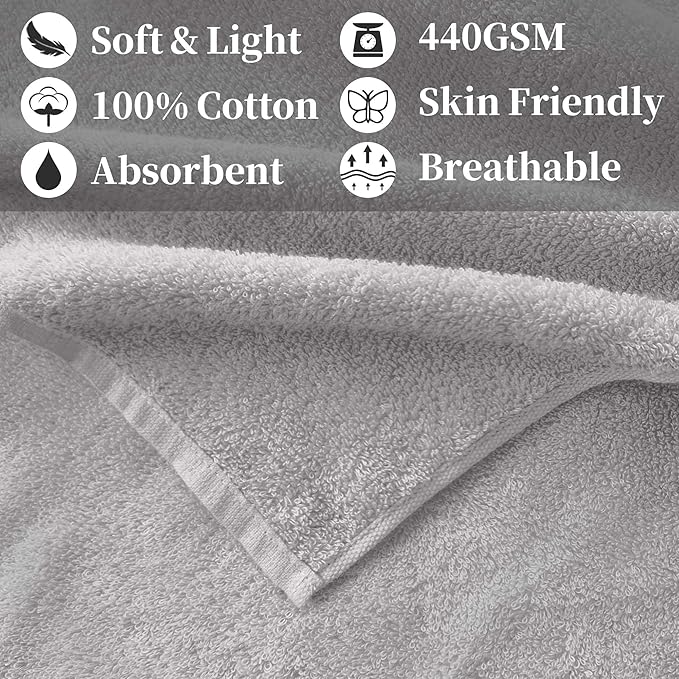 Gray Workout Towels for Gym (2PC, 13"x43") - 100% Cotton, Breathable, Soft & Absorb - Sweat Towel for Men & Women, Sports Hand Towel for Yoga, Shower, Tennis, Running, Exercise & Fitness