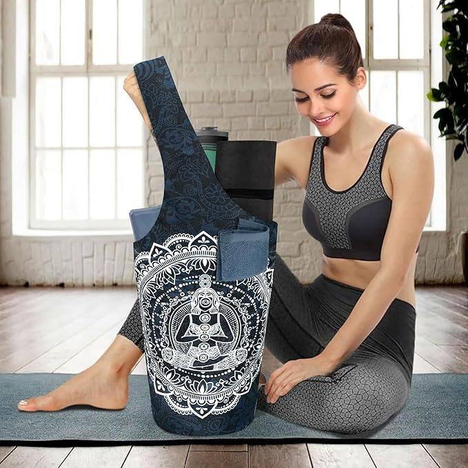 Yoga Mat Bag Carrier for Women with Side Large Pocket Durable Linen Workout Gym Travel Storage Pilates Mats