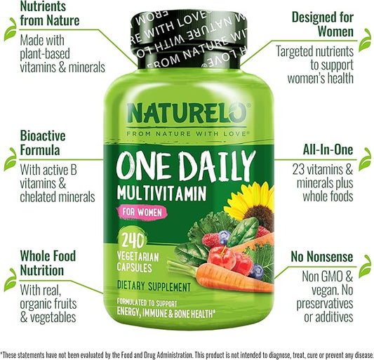 NATURELO One Daily Multivitamin for Women - Energy Support - Whole Food Supplement to Nourish Hair, Skin, Nails - Non-GMO - No Soy - Gluten Free - 240 Capsules | 8 Month Supply