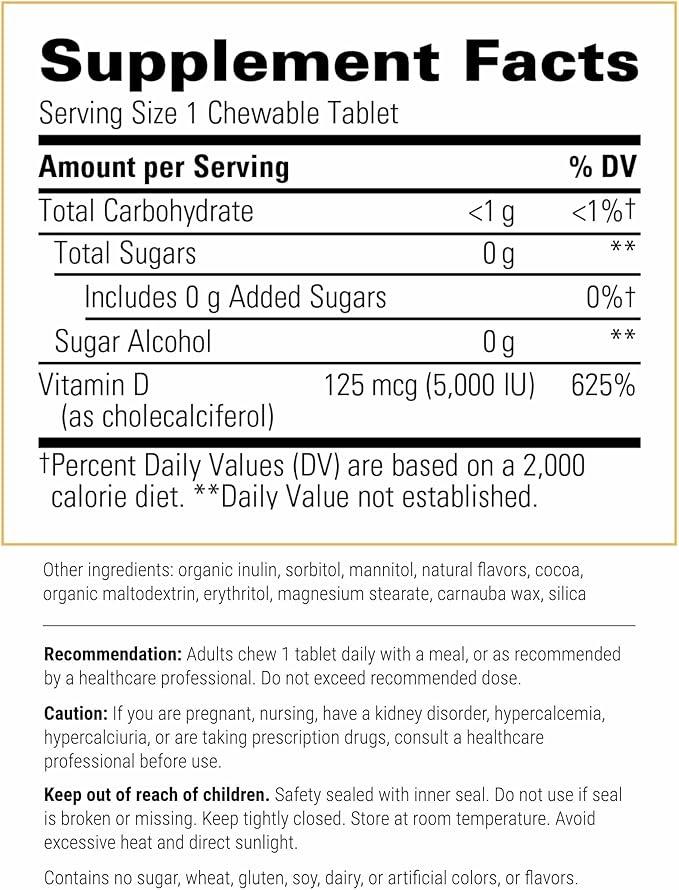 Integrative Therapeutics Vitamin D3 125 mcg - Vitamin D Supplement for Bone Health & Immune Support* - Gluten-Free & Dairy-Free - Chocolate Flavored, 90 Chewable Tablets (90 Servings)