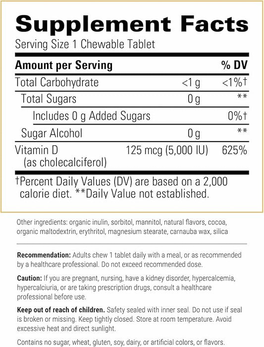 Integrative Therapeutics Vitamin D3 125 mcg - Vitamin D Supplement for Bone Health & Immune Support* - Gluten-Free & Dairy-Free - Chocolate Flavored, 90 Chewable Tablets (90 Servings)