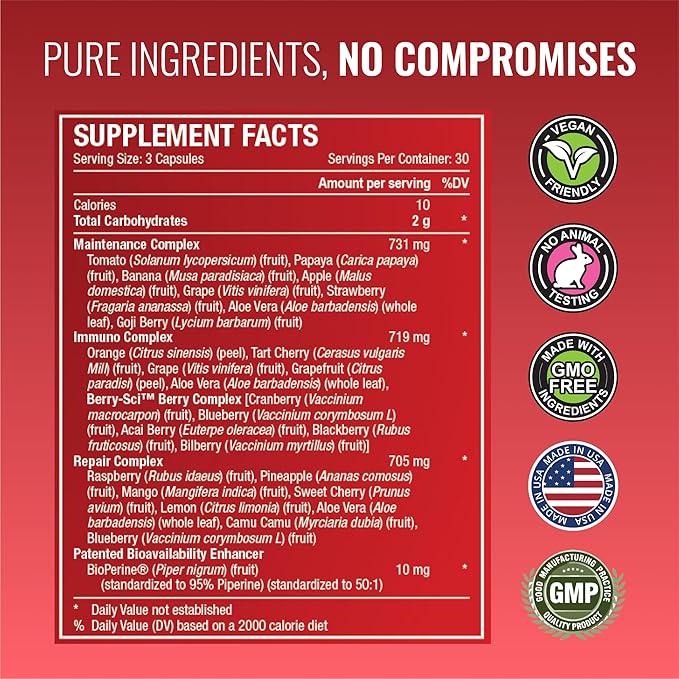 Approved Science Fruits & Veggies - 42 Whole Fruit and Veggie Supplement - Enhanced Health & Vitality - Daily Natural Vitamins, Minerals, Antioxidants - 270 Capsules Each - 3-Month Supply