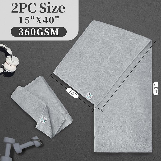 Workout Towels for Gym (2PC, 15"x40") - Sweat Towel for Men & Women, Sports Hand Towel for Yoga, Shower, Tennis, Running, Exercise & Fitness - 100% Cotton, Breathable, Soft & Absorb, Light Gray