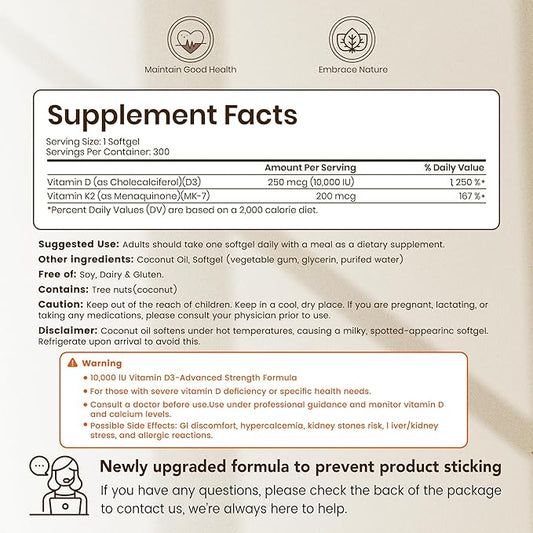 VEV Corefeel Vitamin D3 K2 10,000 IU, 200 mcg MK-7, 300 Coconut Oil Softgels, 2 in 1 Vitamins Supplement D & K (Include MK7), Easy to Swallow, Supports Calcium Absorption, Bone Health