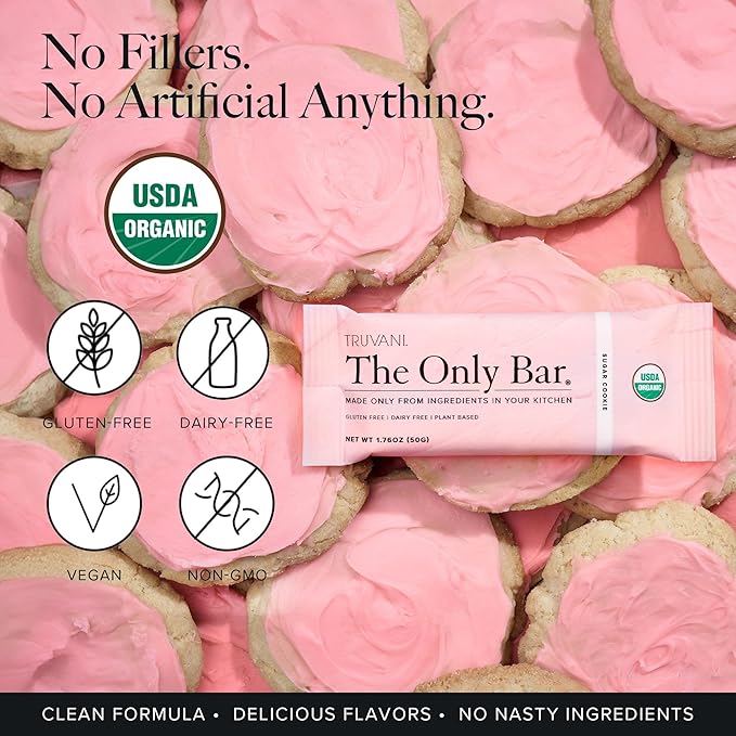 Truvani Plant Based Snack Bars | Sugar Cookie 4 Pack | 6g Protein | USDA Organic and Vegan | The Only Bar | Dairy, Soy, and Gluten Free | Individually Wrapped