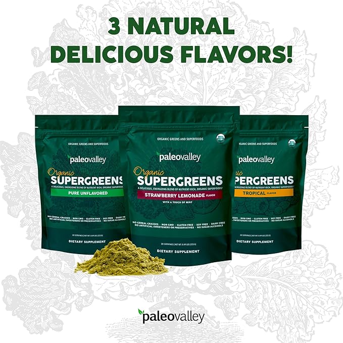 Paleovalley Organic Supergreens Powder - 23 Superfoods with Prebiotic Fiber for Energy and Immunity Support - No Cereal Grasses for Maximum Absorption - Pure Unflavored, 28 Servings