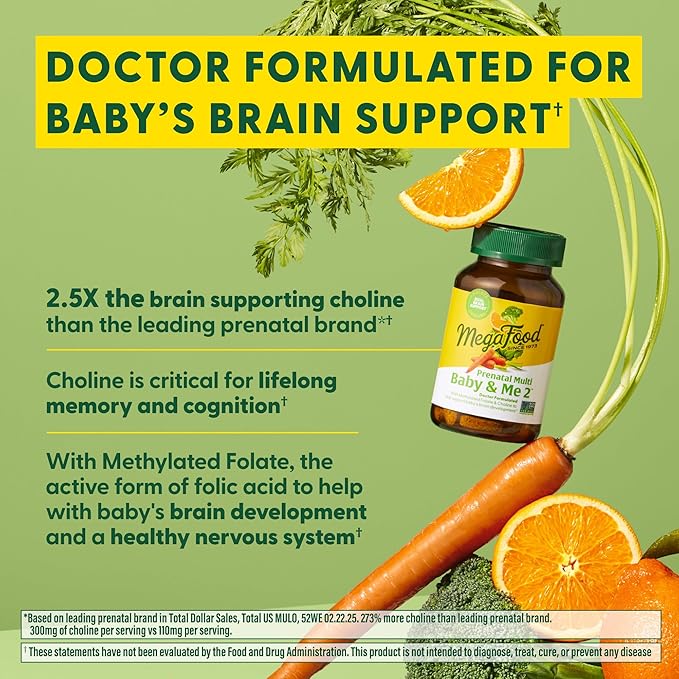 MegaFood Baby & Me 2 Prenatal Vitamin and Minerals - Vitamins for Women - with Folate (Folic Acid Natural Form), Choline, Iron, Iodine, and Vitamin C, Vitamin D and more - 60 Tabs (30 Servings)