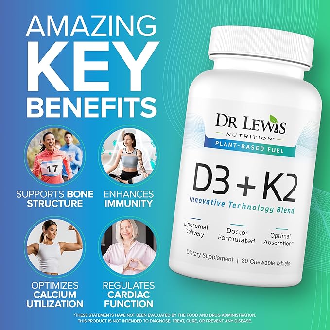 Liposomal Vitamins D3 + K2 Supplement Doctor Formulated Support for Heart, Brain, Bones, and Immune System Sourced from Plant Based Lichen and Natto - Gluten-Free, Non-GMO - 30 Chewable Vegan Tablets