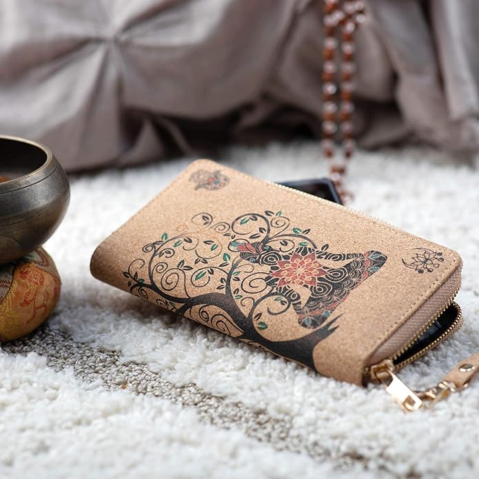 Buddha Cork Vegan Wristlet Wallet - credit card, business cards, coins & bills Room for Cellphone