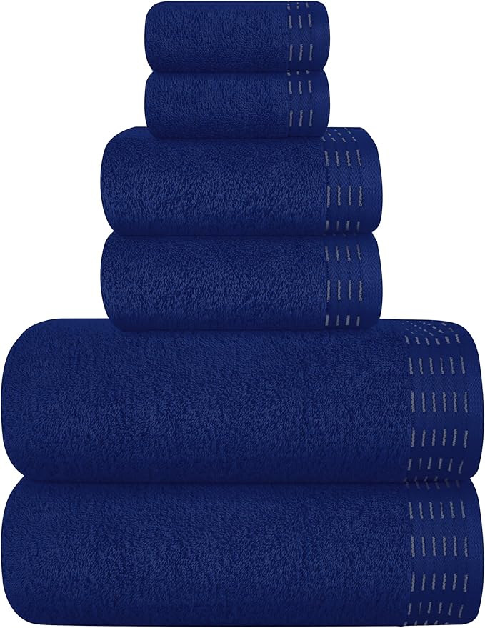 Ultra Soft 6 Pack Cotton Towel Set, Contains 2 Bath Towels 28x55 inch, 2 Hand Towels 16x24 inch & 2 Wash Coths 12x12 inch, Ideal Everyday use, Compact & Lightweight - Navy Blue