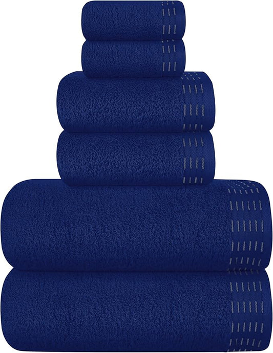 Ultra Soft 6 Pack Cotton Towel Set, Contains 2 Bath Towels 28x55 inch, 2 Hand Towels 16x24 inch & 2 Wash Coths 12x12 inch, Ideal Everyday use, Compact & Lightweight - Navy Blue
