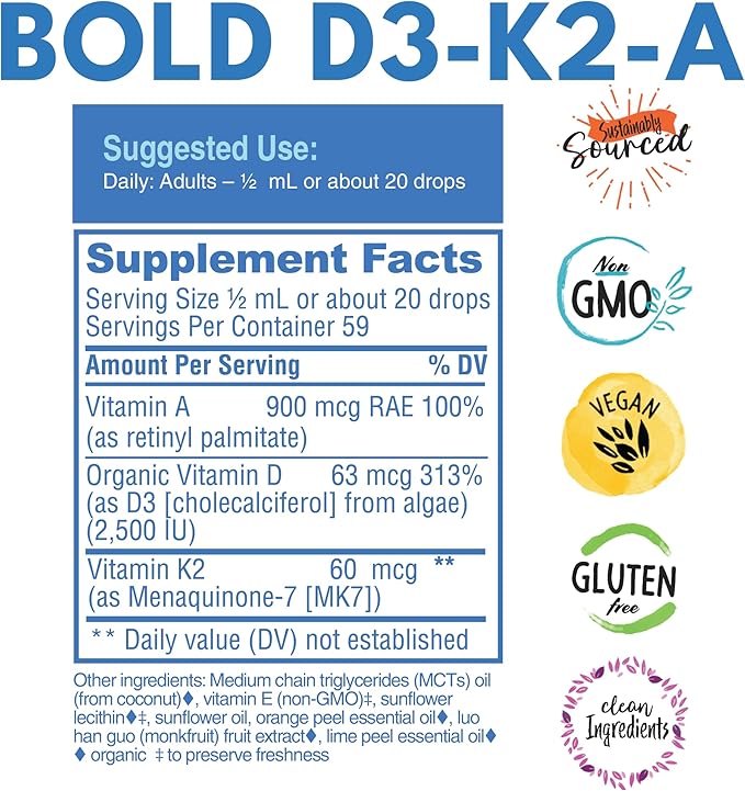 D3-K2-A, Liquid Vitamin Complex, Vegan D3 from Organic Algae with Vitamin K2 (MK7) and A for Immune Support, Natural Orange Flavor, Tastes Delicious, 1 FL OZ. (30mL)