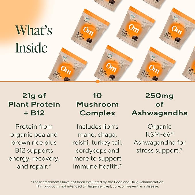 Om Master Blend Vegan Protein Powder, Chocolate, 21g of Plant Protein - Organic Mushroom Supplement with 10 Mushroom Complex, Ashwagandha, BCAAs and Vitamin B12-1.2 lb. (16 Servings)