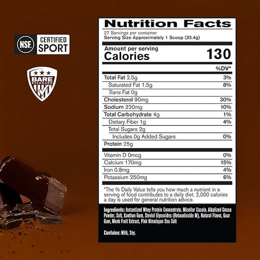 BARE PERFORMANCE NUTRITION, BPN Whey Protein + Casein Protein Powder Blend, Fudge Chocolate, 25g Protein per Serving Supports Lean Muscle Recovery, 27 Servings, Third Party Tested
