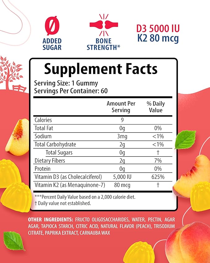 Sugar-Free Vitamin D3 K2 Gummies 5000 IU - Immune & Bone Support Gummies - Vitamin D Gummy Supplement for Adults - High-Absorption, Vegan, Halal, Gluten-Free Chewable Vitamins