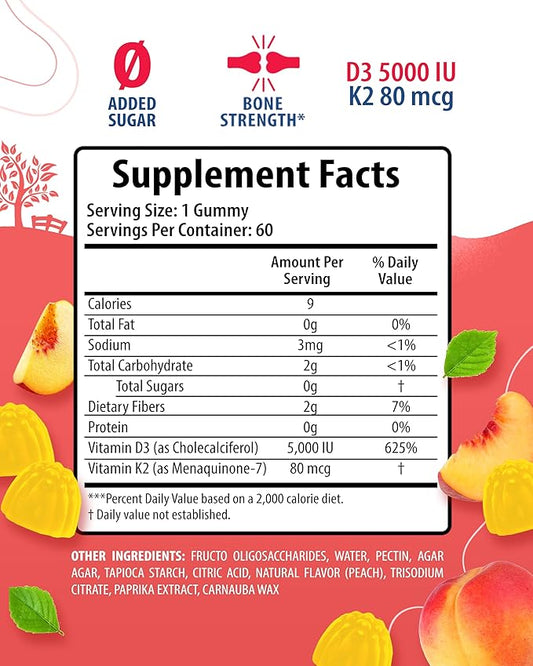 Sugar-Free Vitamin D3 K2 Gummies 5000 IU - Immune & Bone Support Gummies - Vitamin D Gummy Supplement for Adults - High-Absorption, Vegan, Halal, Gluten-Free Chewable Vitamins