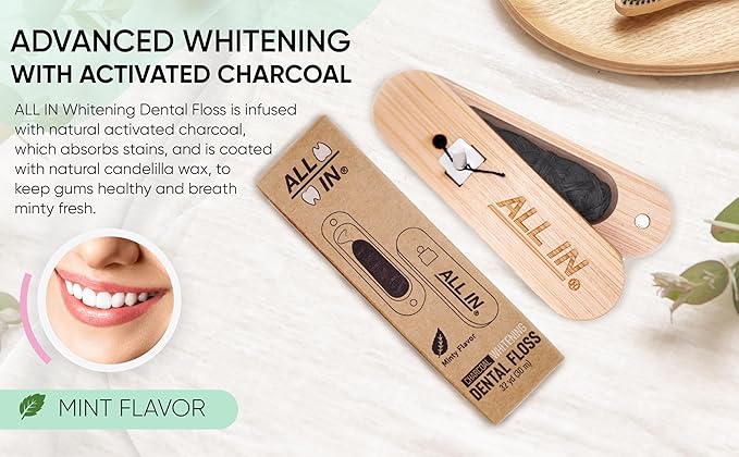 ALL IN Waxed Charcoal Floss with a Refillable Dental Floss Holder - Plant Based, No PFAS - Mint Floss for Effective Plaque Removal, Clean Teeth, Fresh Breath - 32 yd (2)