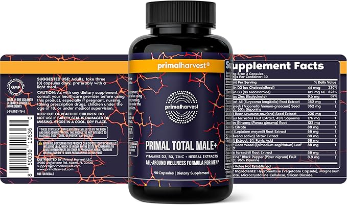 Primal Harvest Total Male+ Multivitamin for Men with Essential Vitamins, Minerals and Herbal Support for Energy, Vitality, Immune Health and Performance