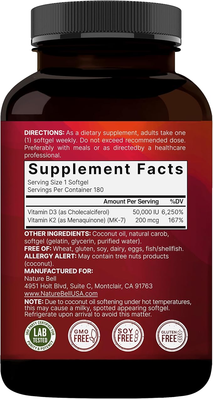 NatureBell Vitamin D3 50,000 IU + K2 200 mcg, 180 Softgels | Once-Weekly Formula with Coconut Oil | Max Strength Bone, Heart & Immune Support | MK-7 Form | Non-GMO