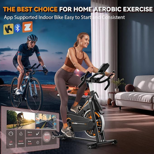 Exercise Bike, Wenoker Stationary Bike for Home, App Supported Indoor Bike with Silent Belt Drive, Heavy Flywheel, Multi-grips Handlebar and Upgraded Digital Display