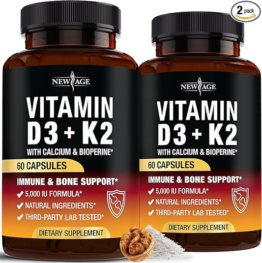 Vitamin D3 5,000 IU + K2 MK-7 100 mcg - 2-in-1 Bone, Immune & Heart Support, Easy to Swallow, Non-GMO - 120 Capsules