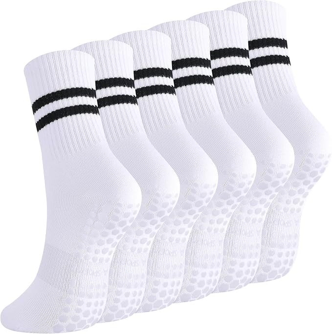 Jspupifip 6 Pairs Grip Pilates Socks Women, Non Slip Yoga Stripe Grippy Crew Breathable Cotton Socks for Ballet Dance