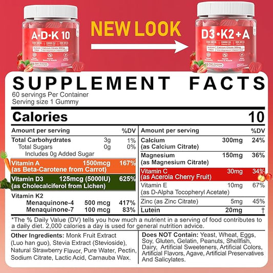 Vitamin D3 10000iu + K2 MK7 + A Gummies with Calcium Magnesium Zinc for Women & Men, High Potency ADK Vitamin Supplement Supports Healthy Immune System, Bone and Vision Function, Sugar Free 120 Cts