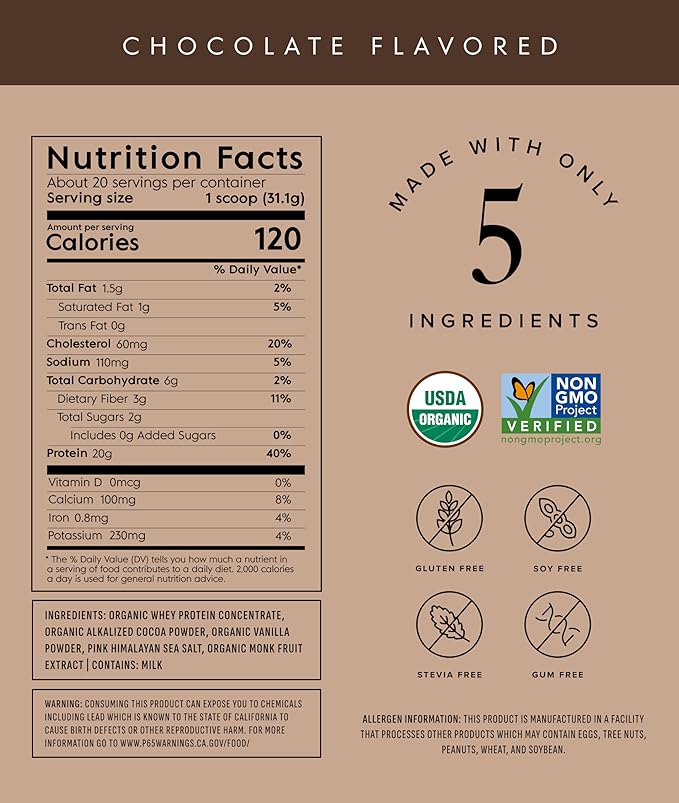 Truvani Organic Whey Protein Powder | Chocolate | 20g Grass Fed Whey Protein | 20 Servings | USDA Organic & Non-GMO | Gluten Free | No Gums, No Soy, No Stevia, No Added Sugars