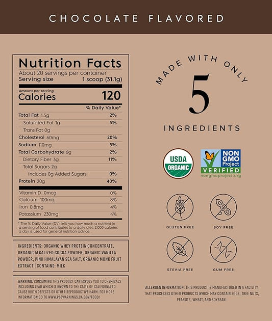 Truvani Organic Whey Protein Powder | Chocolate | 20g Grass Fed Whey Protein | 20 Servings | USDA Organic & Non-GMO | Gluten Free | No Gums, No Soy, No Stevia, No Added Sugars