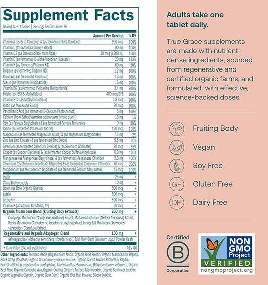 True Grace One Daily Women’s Multivitamin Fermented Minerals, Organic Adaptogens & Mushrooms Whole Body Balance, Immune, Energy, Beauty Support - Non-GMO, Gluten Free, Soy Free - 30 Vegan Tablets