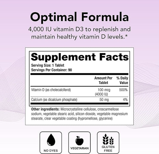 Theralogix Thera-D 4000 Vitamin D Supplement - 4,000 IU (100 mcg) Vitamin D3 Tablets - 90-Day Supply - Immune Support Supplement for Women & Men - Aids Bone & Heart Health - NSF Certified - 90 Tablets