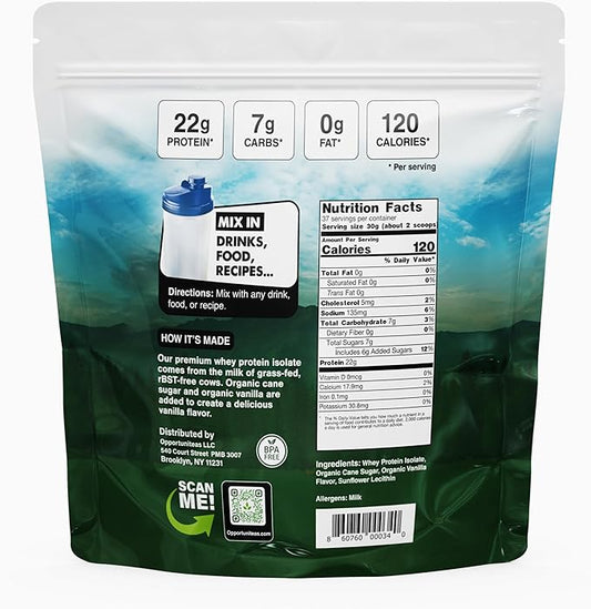 Opportuniteas Grass Fed Vanilla Whey Protein Isolate Powder - 22g Protein Powder Without Artificial Sweeteners, Hormone-Free Cows, Non GMO - 2.5lb