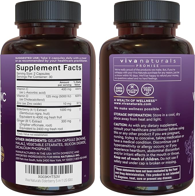 Viva Naturals Black Elderberry with Vitamin C and Zinc for Adults (60 Count) - Sambucus Elderberry Immune Support Supplement, Black Elderberry Capsules for Adults, Elderberry Supplements for Women