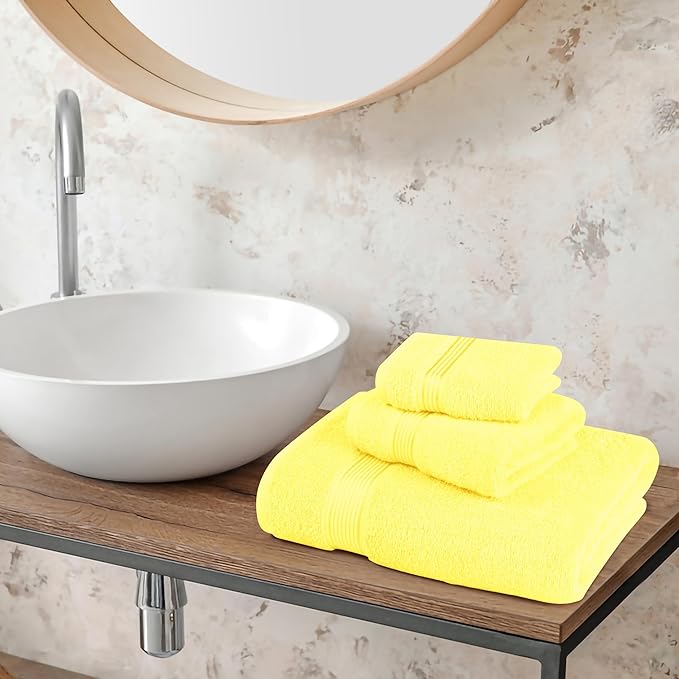Belizzi Home Ultra Soft 3 Pack Cotton Towel Set, Contains a Bath Towel 28x55 inch, a Hand Towel 16x24 inch & a Wash Coth 12x12 inch, Ideal Everyday use, Compact & Lightweight - Lime Yellow