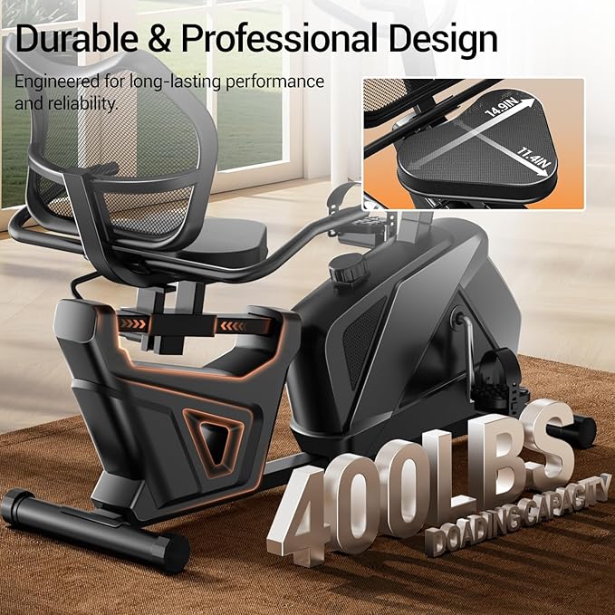 CURSOR FITNESS Recumbent Exercise Bike, Stationary Bikes for Home with Adjustable Seat, 400 LBS Capacity, 16-Level Magnetic Resistance Recumbent Exercise Bike for Home Gym Cardio Workout Training