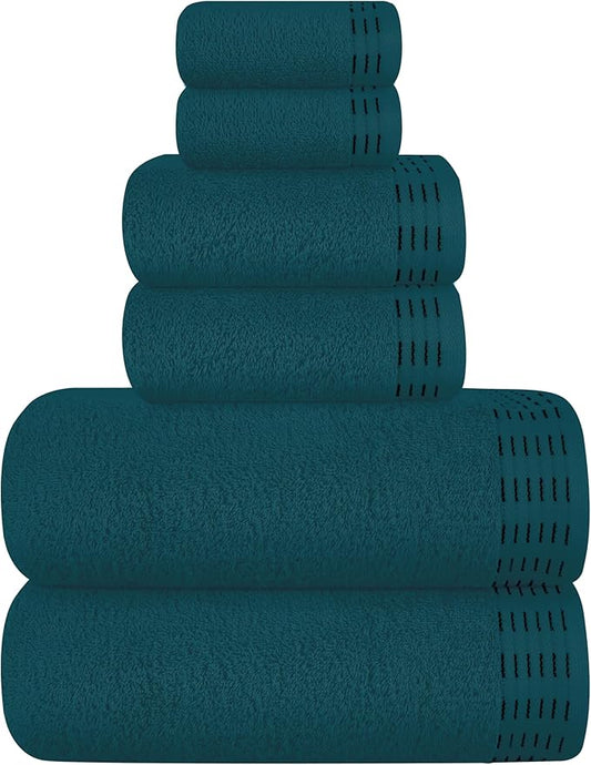 Ultra Soft 6 Pack Cotton Towel Set, Contains 2 Bath Towels 28x55 inch, 2 Hand Towels 16x24 inch & 2 Wash Coths 12x12 inch, Ideal Everyday use, Compact & Lightweight - Teal