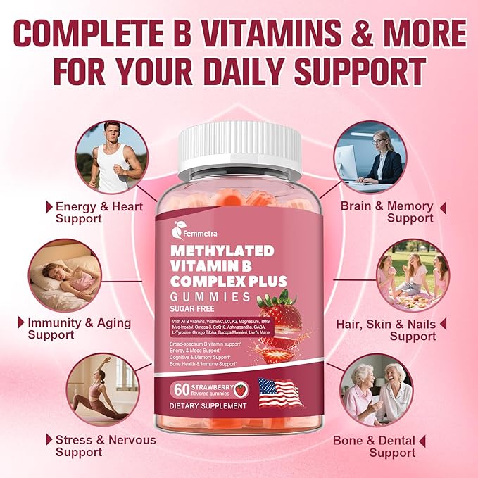 Ultra Methylated Vitamin B Complex Sugar Free Gummies - All B Vitamins + Vitamin C D3 K2 Ashwagandha Magnesium Omega 3 CoQ10 & More for Women Men - Methyl Vitamin B12, B1, B2, B3, B5, B6, B7 & B9
