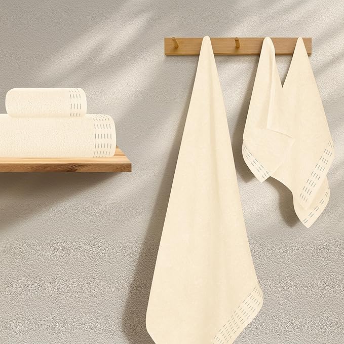 Ultra Soft 6 Pack Cotton Towel Set, Contains 2 Bath Towels 28x55 inch, 2 Hand Towels 16x24 inch & 2 Wash Coths 12x12 inch, Ideal Everyday use, Compact & Lightweight - Ivory