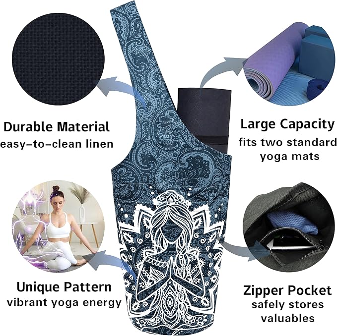 Yoga Mat Bag Carrier for Women with Side Large Pocket Durable Linen Workout Gym Travel Storage Pilates Mats