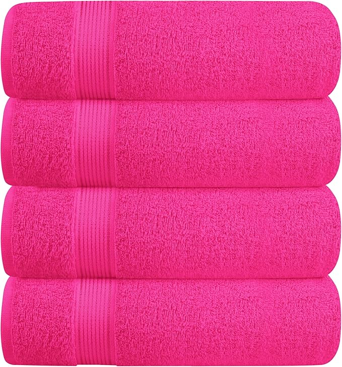 BELZZI Home Ultra Soft 4 Pack Oversized Bath Towel Set 27x54, Cotton Compact Bath Towels, Highly Absorbant Eco-Friendly Quickdry & Lightweight Towel, Ideal for Gym Travel Camp Pool - Hot Pink