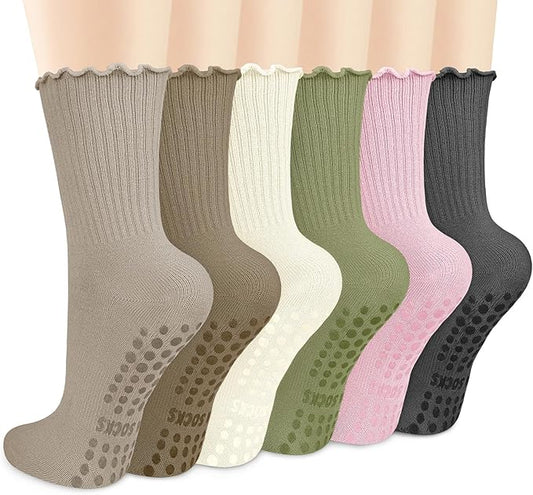 Justay 6 Pairs Womens Pilates Socks with Grips Crew Non Slip Ruffle Cotton for Athletic Workout Barre Hospital Yoga Socks