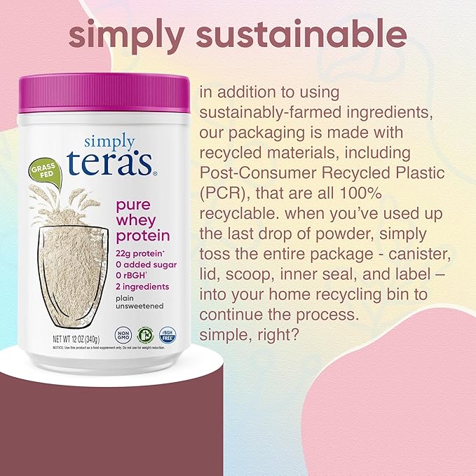 simply tera's Pure Whey Protein Powder - Grass Fed Whey Protein Powder, Clean & Natural, Unflavored, Non-GMO, Kosher, Unsweetened - 12 Oz.